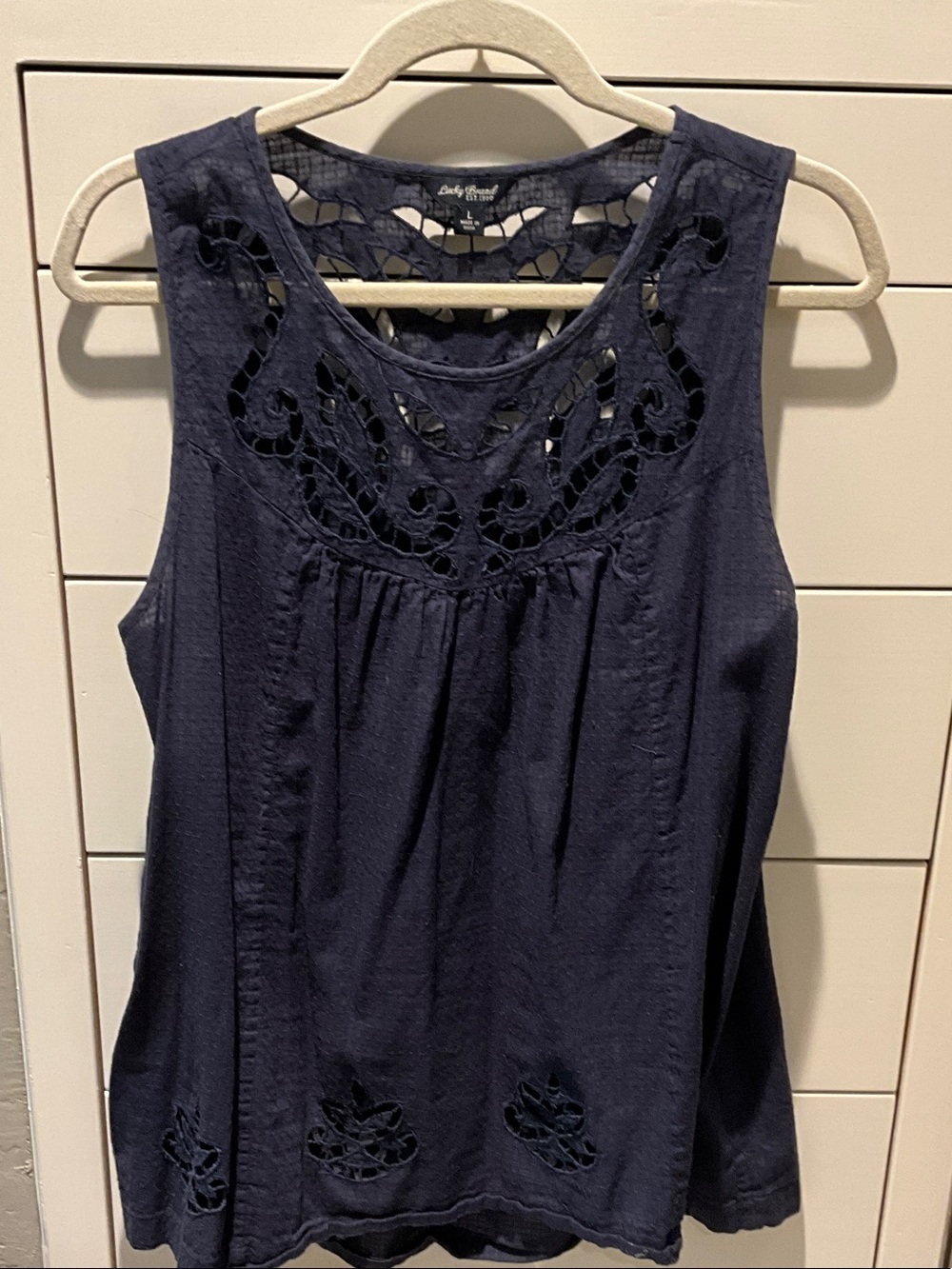 Lucky Brand Navy Crochet Yoke sleeveless top